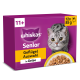 Violette Whiskas Senior-Packung mit graugestreifter Katze, Aufschriften „11+“, „Senior“, „Geflügelauswahl“, „in Gelee“, 12×85 g.