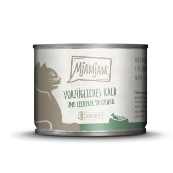 mokra karma dla kota dorosłego 6x200 g Cielęcina z indykiem Puszka karmy dla kotów z sylwetką kota, oznaczona 'Mjamjam Vorzügliches Kalb und leckerer Truthahn', bez zbóż.