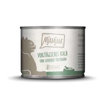 Dose mit Katzenfutter mit der Silhouette einer Katze, beschriftet mit "Mjamjam Vorzügliches Kalb und leckerer Truthahn", getreidefrei.