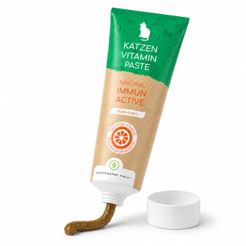 Katzen-Vitaminpaste, ein natürliches Multivitamin für Katzen, mit 'Natural Immun Active' auf der Tube und der Box, in einem grünen und braunen Design.
