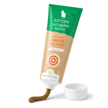 Katzen-Vitaminpaste, ein natürliches Multivitamin für Katzen, mit 'Natural Immun Active' auf der Tube und der Box, in einem grünen und braunen Design.