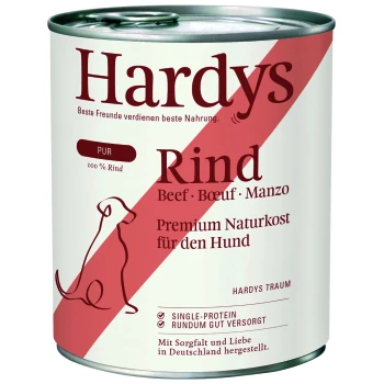PUR 6x800g No. 1 Rind Dose Hardys Hundefutter, beschriftet mit "Rind" (Beef) mit einer Hundesilhouette, mit Text über hochwertiges Naturfutter und Einzelprotein.