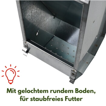Verzinkter Metall-Futtertrichter mit gelochtem rundem Boden; Text: 'Mit gelochtem rundem Boden, für staubfreies Futter'.