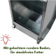 Verzinkter Metall-Futtertrichter mit gelochtem rundem Boden; Text: 'Mit gelochtem rundem Boden, für staubfreies Futter'.