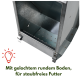 Verzinkter Metall-Futtertrichter mit gelochtem rundem Boden; Text: 'Mit gelochtem rundem Boden, für staubfreies Futter'.