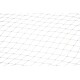 A close-up of a white fishing net with a grid pattern against a black background.