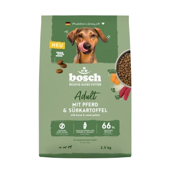 Bosch Adult Hundefutterbeutel mit einem Hund, der leckt, Schüssel mit Kroketten, beschriftet 'Mit Pferd & Süßkartoffel' und 'NEU'.