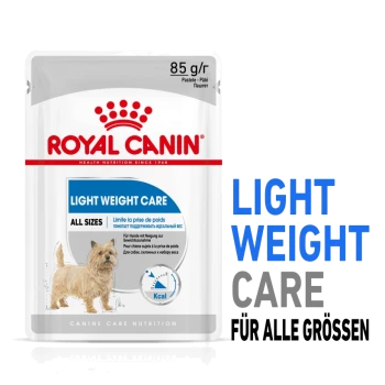 Royal Canin Light Weight Care Hundefutterbeutel, 85 g, mit einer Hundillustration und Text in mehreren Sprachen über Gewichtsmanagement für alle Größen.