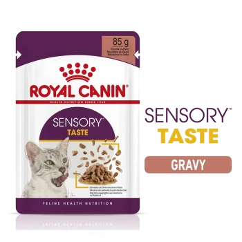 Royal Canin Sensory Taste cat food pouch, 85g, featuring chunks in gravy, with an image of a cat enjoying the food.
