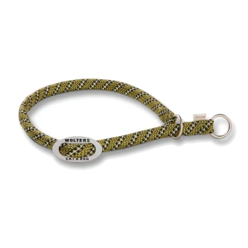 Olivgrünes und schwarzes gewebtes Hundehalsband mit Metallring und "Wolters Cat & Dog" Anhänger.