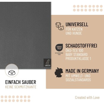 Graue Haustiermatte mit Text, der ihre universelle Verwendung für Katzen und Hunde, die Zertifizierung als ungiftig und die Herstellung in Deutschland hervorhebt.