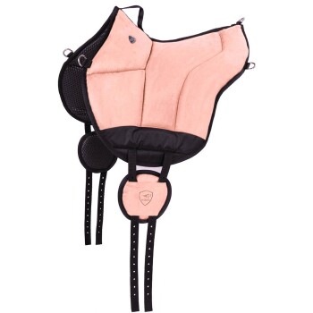 Ein weiches, gepolstertes Haustiergeschirr in hellrosa und schwarz, mit verstellbaren Riemen und einem Logo-Patch, entworfen für Komfort und Sicherheit.