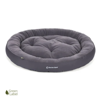 Runder, plüschiger Hundebett in Dunkelgrau mit gepolstertem Design, mit dem Logo "Doctor Bark" und einem "Green Label" Emblem.
