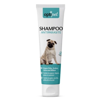 OptiPet Antiparasiten-Shampoo-Tube mit einem Mops auf der Vorderseite, mit Text in Deutsch, Französisch und Italienisch über Floh-, Zecken- und Milbenschutz.
