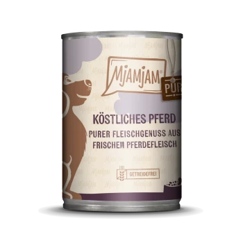 Dose Mjamjam-Hundefutter mit einer braunen Hundesilhouette, beschriftet mit "Köstliches Pferd" und dem Hinweis auf reines Pferdefleisch und getreidefrei.