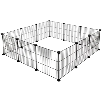 Schwarzer Metall-Haustierspielbereich mit rechteckiger Form, mit vertikalen Stäben und abgerundeten Ecken, geeignet für kleine Tiere.