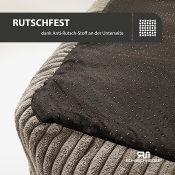 Rutschfestes Haustierbett mit einem strukturierten grauen Stoff und einer schwarzen Unterseite, mit dem Text "RUTSCHFEST dank Anti-Rutsch-Stoff an der Unterseite."