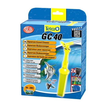 Komfort-Bodenreiniger L Verpackung des Tetra GC 40 Aquarienkiesreinigers mit leuchtend gelbem Reiniger, Fischillustrationen und mehrsprachigen Funktionen wie 'Einfacher Start'.