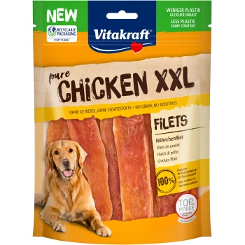 Vitakraft pure chicken XXL Filets Verpackung mit Streifen von Hähnchenfilet, beschriftet mit "100% mageres Hähnchen im Fleischgehalt."