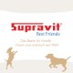 Supravit Best Friends Logo mit deutschem Text über hochwertige Nahrung und schmackhafte Kauartikel für Hunde, zwei Hundesilhouetten.