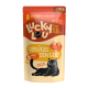 Tüte mit Lucky Lou Katzenfutter, das Geflügel mit Pastinaken enthält, beschriftet mit "Getreidefrei" und "Ohne Zuckerzusatz", mit einer Illustration einer schwarzen Katze.