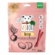 Verpackung für Vegdog Beevys, einen pflanzlichen Hundesnack aus Rote Beete und Buchenrauch, mit einem rosa Hintergrund und Illustrationen von Rüben.