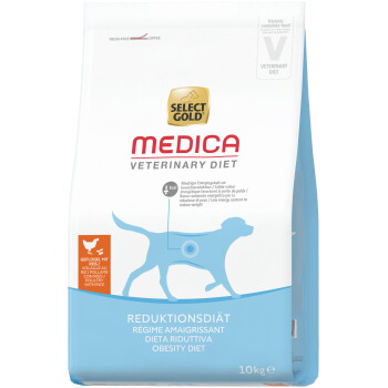 Sac Select Gold Medica Veterinary Diet, régime pour obésité canine, volaille avec riz, silhouette de chien bleue, 10 kg.