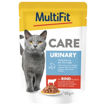 MultiFit CARE Urinary cat food pouch — grey cat image, "with beef in sauce" label, 85g