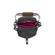 Schwarze Tragetasche für Haustiere mit einem braunen Griff, mit einem rosa Innenraum und zwei Fächern, von oben betrachtet.