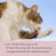Nahaufnahme einer Katze, die ihr Gesicht und ihre Pfote putzt. Text darunter: "zur Unterstützung und Erleichterung der Ausscheidung aufgenommenen Katzenhaare."