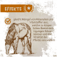 Illustration eines weidenden Pferdes, mit dem Hinweis, dass das Produkt Mineralstoffmängel anspricht, um die Vitalität des Pferdes zu steigern.