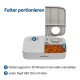 Automatischer Futterspender von PetSafe mit zwei Fächern, jedes hält 355 ml Futter; Fütterungszeit in 30-Minuten-Intervallen einstellbar.