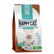 Happy Cat Care Katzenfuttertüte, beschriftet mit "Haut & Fell Skin & Coat", geeignet für Katzen ab 1 Jahr, mit einer flauschigen grauen Katze auf der Vorderseite.