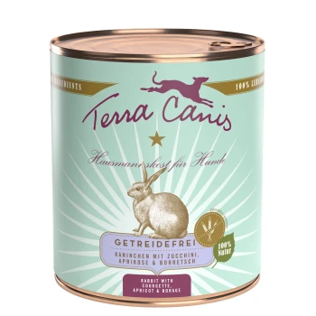 Getreidefrei Adult 6x800g Kaninchen mit Zucchini, Aprikose und Borretsch Eine Dose Terra Canis Hundefutter mit einer Illustration von einem Kaninchen, beschriftet "Getreidefrei" und enthält Kaninchen, Zucchini, Aprikose und Borretsch.