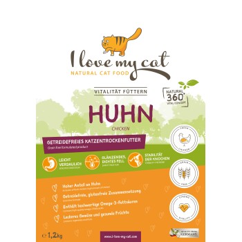 Verpackung für natürliches Katzenfutter mit einer Cartoon-Katze, beschriftet mit "Ich liebe meine Katze," mit "Huhn" und wichtigen Vorteilen wie getreidefrei und glänzendem Fell.