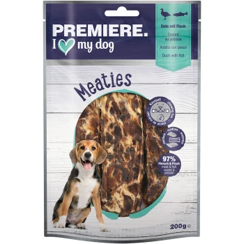 Opakowanie przysmaków dla psów oznaczone "PREMIERE. I ♥ my dog" z "Meaties," zawierające kaczkę i rybę. Mówi "97% Fleisch & Fisch," 200g.