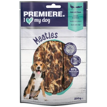 Hundeleckerlipackung mit der Aufschrift "PREMIERE. I ♥ meinen Hund" mit "Meaties," die Ente und Fisch enthalten. Es steht "97% Fleisch & Fisch," 200g.