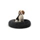 Ein Beagle sitzt bequem in einem plüschigen, runden, dunkelgrauen Hundebett, das seine weiche Textur und sein gemütliches Design zeigt.