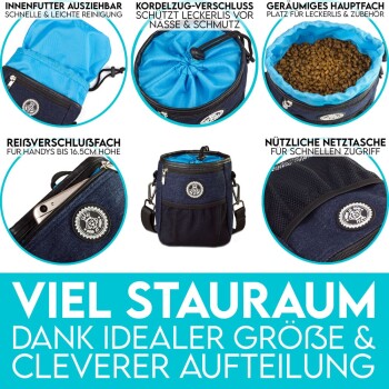 Haustierfutterlagerbeutel mit blauem Innenfutter, Kordelzugverschluss und Netzfach; mit Text, der Geräumigkeit und Organisation hervorhebt.