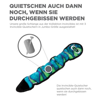 Buntes Plüschschlangenspielzeug mit Quietscher, das ein grün-blaues Design aufweist und Text, der seine Haltbarkeit und Quietscherfähigkeit hervorhebt.