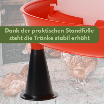 Rote Hühnertränke auf schwarzem Kegelfuß mit Hühnern im Hintergrund; sichtbarer Text: 'Dank der praktischen Standfüße... Tränke'