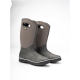 Ein Paar stilvolle graue Gummistiefel mit Blumenmustern, mit einem bequemen Neopren-Obermaterial und seitlichen Griffen für einfaches Anziehen.