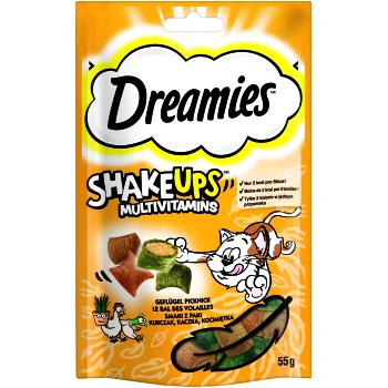 Emballage des friandises pour chats Dreamies ShakeUps Multivitamines avec un chat joueur, des friandises colorées et un texte mettant en avant le faible contenu calorique.