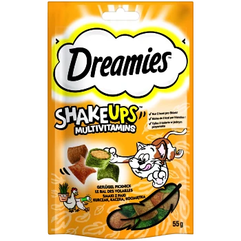 Dreamies ShakeUps Multivitamine Katzenleckerlis Verpackung mit einer verspielten Katze, bunten Leckerlis und Text, der den niedrigen Kaloriengehalt hervorhebt.