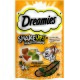 Emballage des friandises pour chats Dreamies ShakeUps Multivitamines avec un chat joueur, des friandises colorées et un texte mettant en avant le faible contenu calorique.