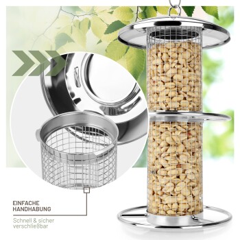Vogelfutterspender aus Edelstahl, gefüllt mit Erdnüssen, mit einem abnehmbaren Design für einfache Handhabung, mit dem Text "EINFACHE HANDHABUNG."