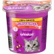 Whiskas Knuspertaschen katten traktaties met rundvlees, 90g container, met een grijze kat op het label en '+50% GRATIS' tekst.