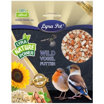 Lyra Pet Wild Vogel Futterverpackung mit zwei bunten Vögeln, einer Sonnenblume und einer Schüssel mit Samen; gekennzeichnet als 100% natürlich und von Premium-Qualität.