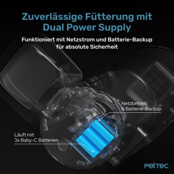 Automatischer Futterspender mit Dual Power Supply, zeigt Batteriefach für 3 Baby-C-Batterien und Sicherheitshinweise in deutscher Sprache.