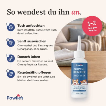 Pawlie's Ohrenreiniger für Haustiere enthält natürliche Zutaten, keine schädlichen Chemikalien und wurde von Experten entwickelt, gekennzeichnet mit Häkchen und Kreuzen.